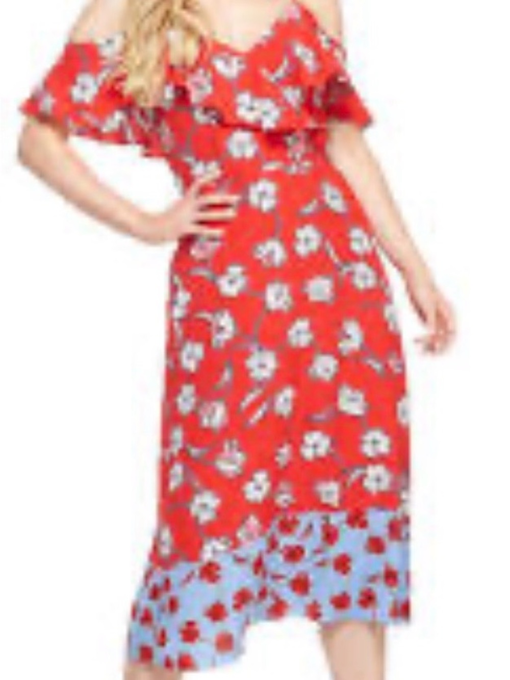 London Times Red Floral Off-Shoulder Midi Dress with Blue Hem